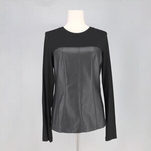 ELAINE KIM Black Faux Leather Front Long Sleeve Crewneck Top Size M
